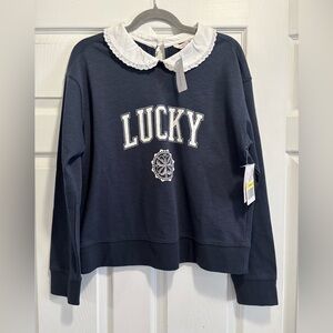 NWT Lucky Brand Peter Pan Collared Sweatshirt Navy Blue Women’s Medium Brand New
